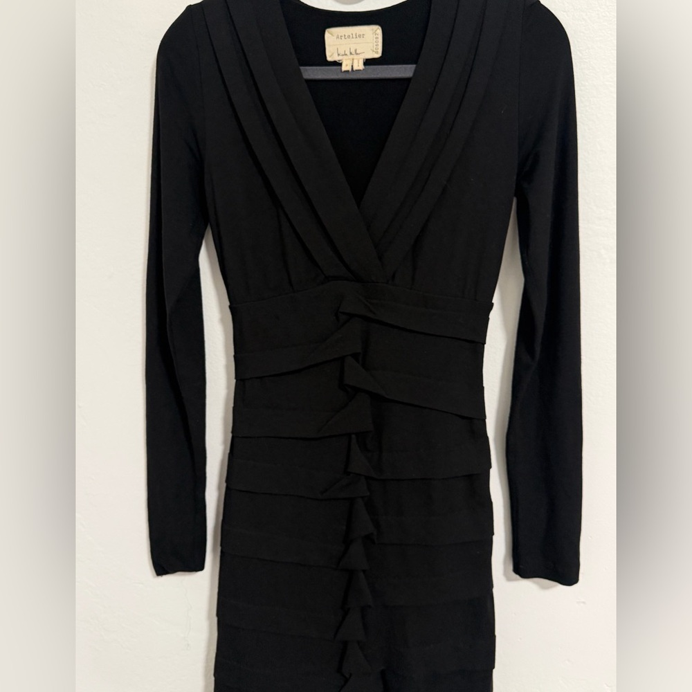 Nicole Miller Atelier Little Black Bandage Dress Long Sleeve V-Neck Bodycon XS - Picture 10 of 11